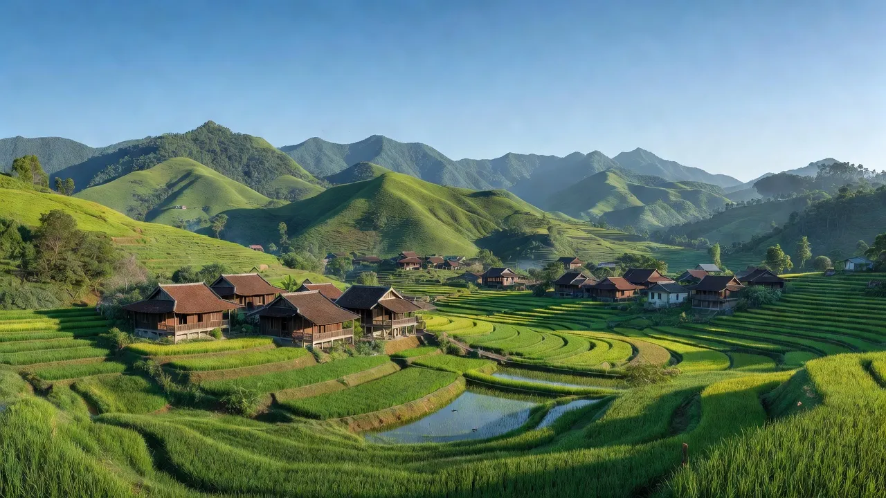 Quý Hòa village in Bình Gia, Lạng Sơn, surrounded by green mountains and rice fields, tranquil rural scenery.