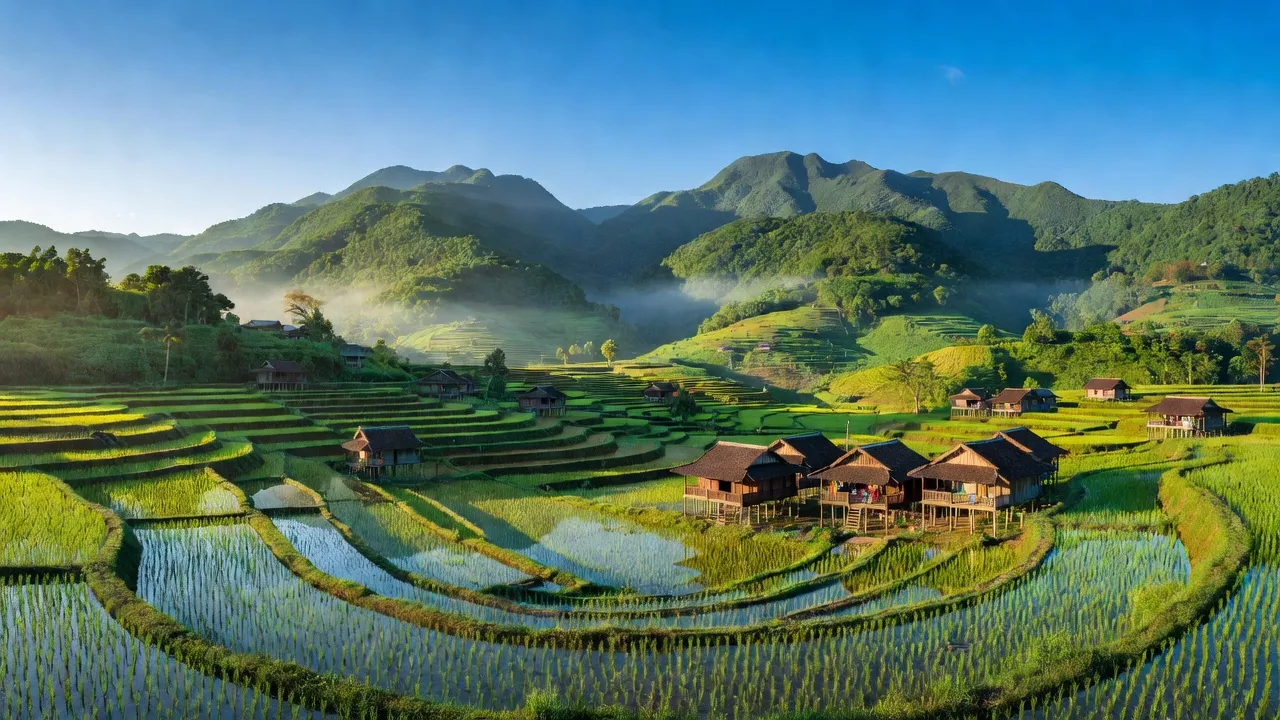 Cảnh đẹp xã Tân Văn, huyện Bình Gia, tỉnh Lạng Sơn với núi non xanh tươi và ruộng bậc thang.