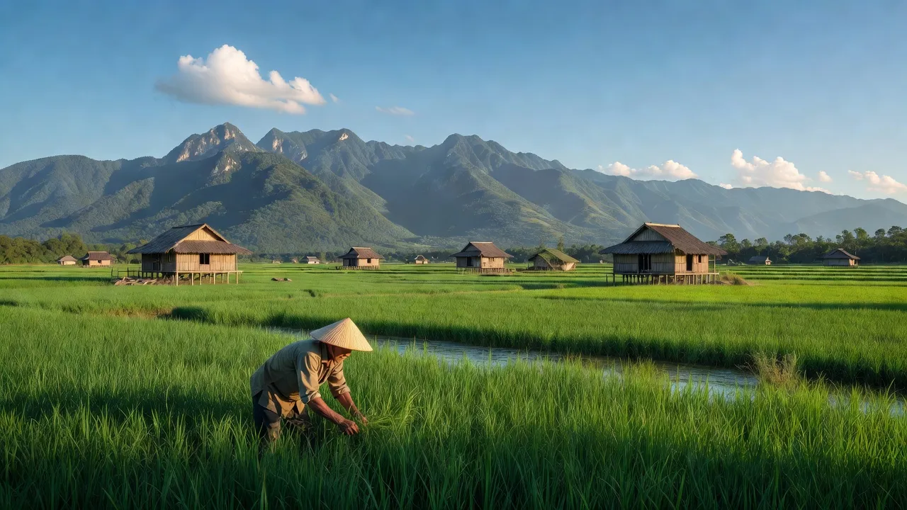 Khung cảnh xã Thiện Long, Huyện Bình Gia, Tỉnh Lạng Sơn với đồng ruộng và núi.