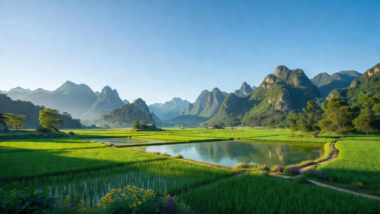 Cảnh đẹp xã Thiện Thuật, huyện Bình Gia, Lạng Sơn với cánh đồng và núi non xanh tươi.