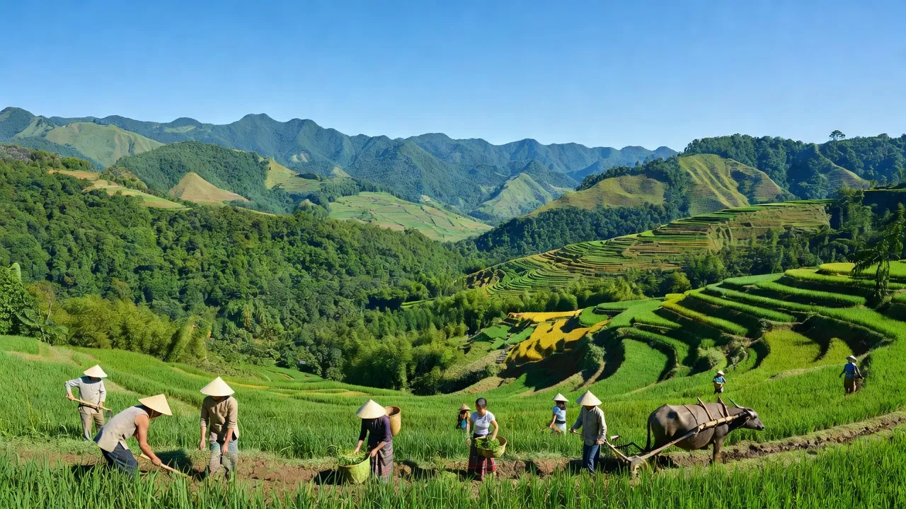 Cảnh sắc yên bình xã Yên Lỗ, huyện Bình Gia, Lạng Sơn với đồi núi xanh và người dân làm nông.