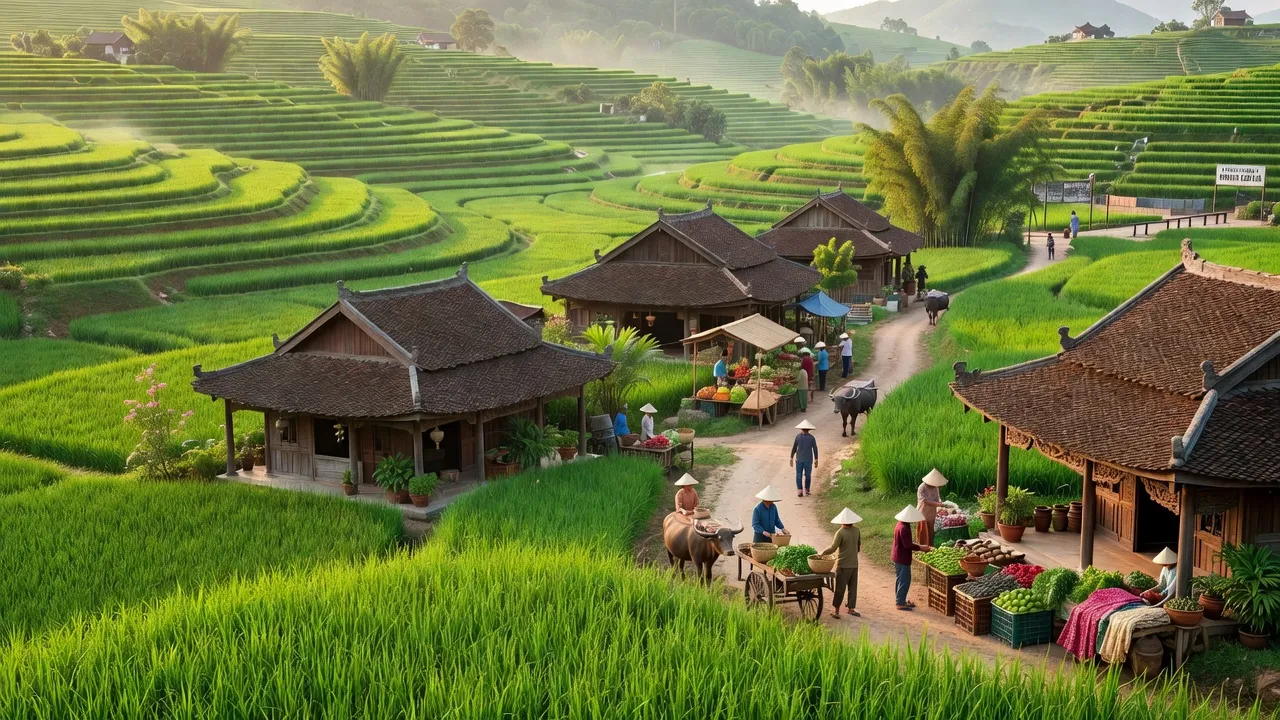 Quang cảnh huyện Cao Lộc, tỉnh Lạng Sơn với cánh đồng xanh và kiến trúc truyền thống Việt Nam.