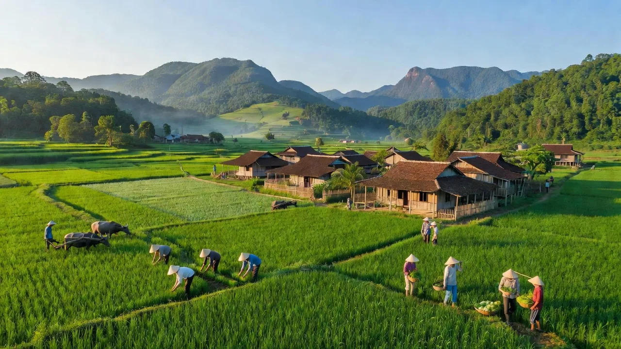 Cảnh quan nông nghiệp tại xã Bảo Lâm, huyện Cao Lộc, tỉnh Lạng Sơn, với đồng xanh và núi đồi.