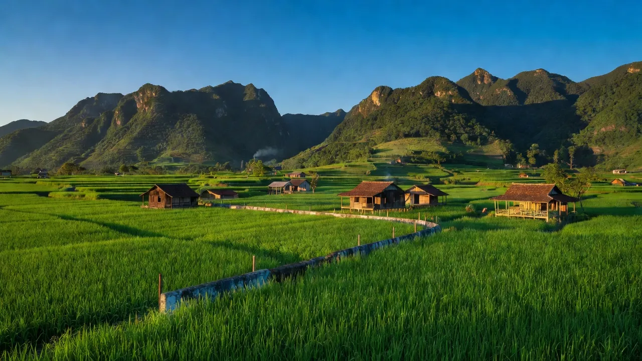 Xã Bảo Lâm, huyện Cao Lộc, Lạng Sơn với cảnh đồng xanh và đường biên giới Việt-Trung.