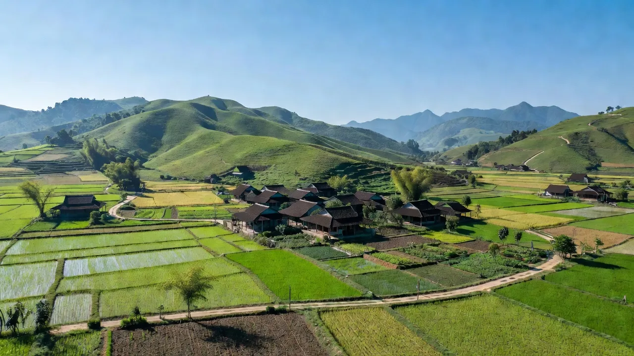 Cảnh quan Bình Trung, huyện Cao Lộc, tỉnh Lạng Sơn với núi xanh và nhà truyền thống.
