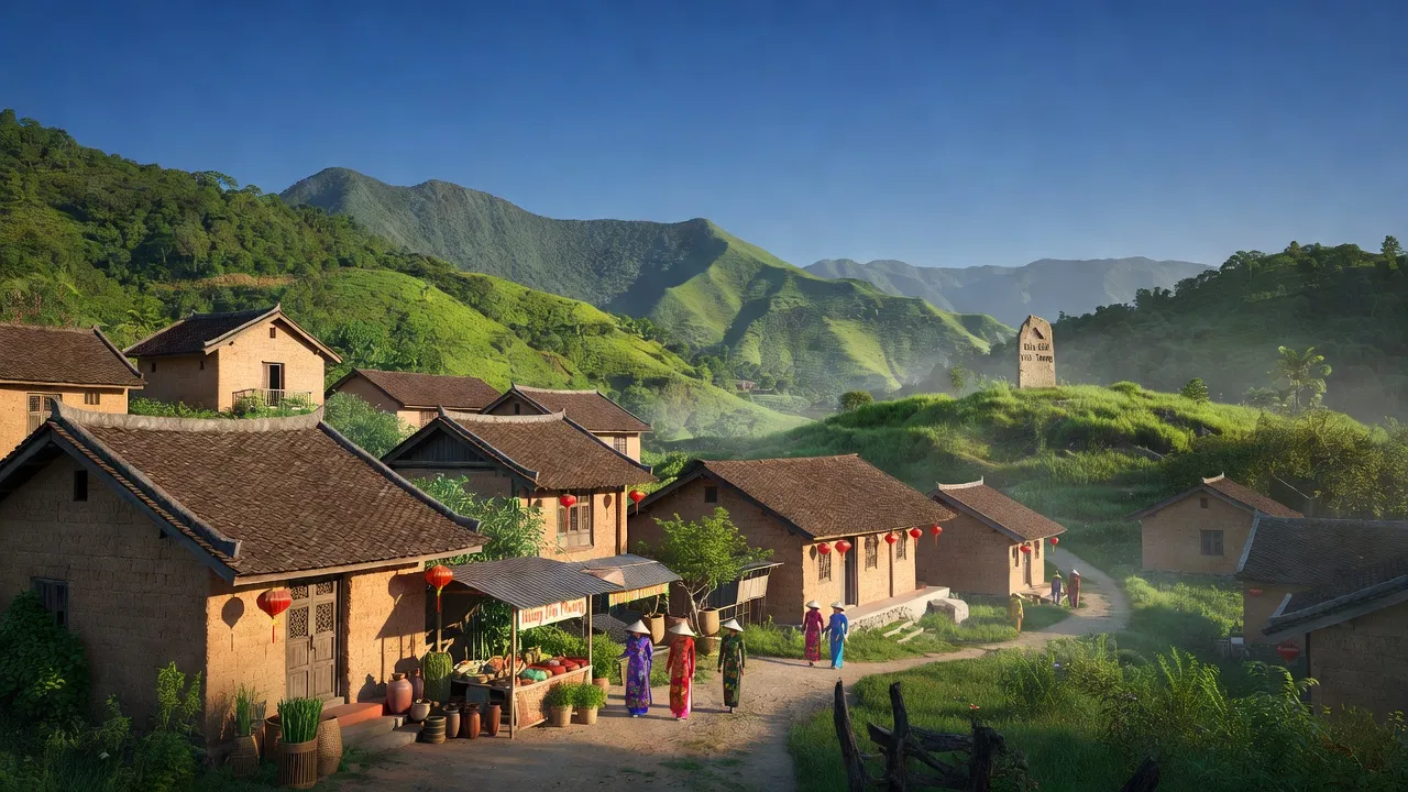 Quang cảnh xã Bình Trung, huyện Cao Lộc, tỉnh Lạng Sơn, núi non xanh tươi, kiến trúc truyền thống Việt Nam.