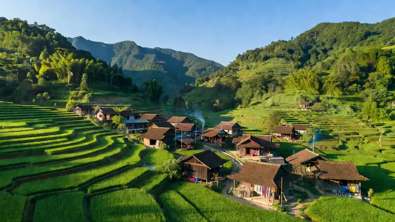 Khung cảnh đẹp của xã Cao Lâu, huyện Cao Lộc, tỉnh Lạng Sơn với núi và ruộng bậc thang.