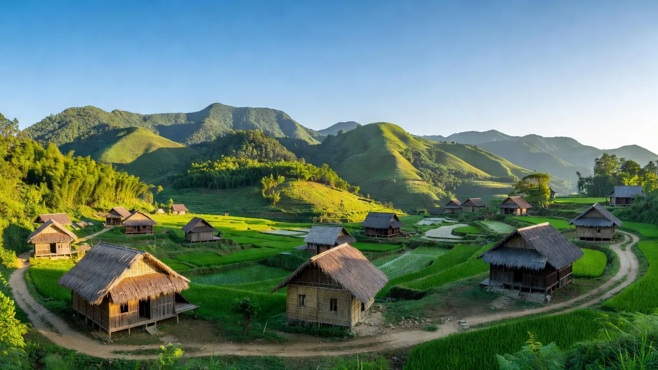 Công Sơn, huyện Cao Lộc, Lạng Sơn với núi non xanh, nhà sàn truyền thống và bầu trời trong xanh.
