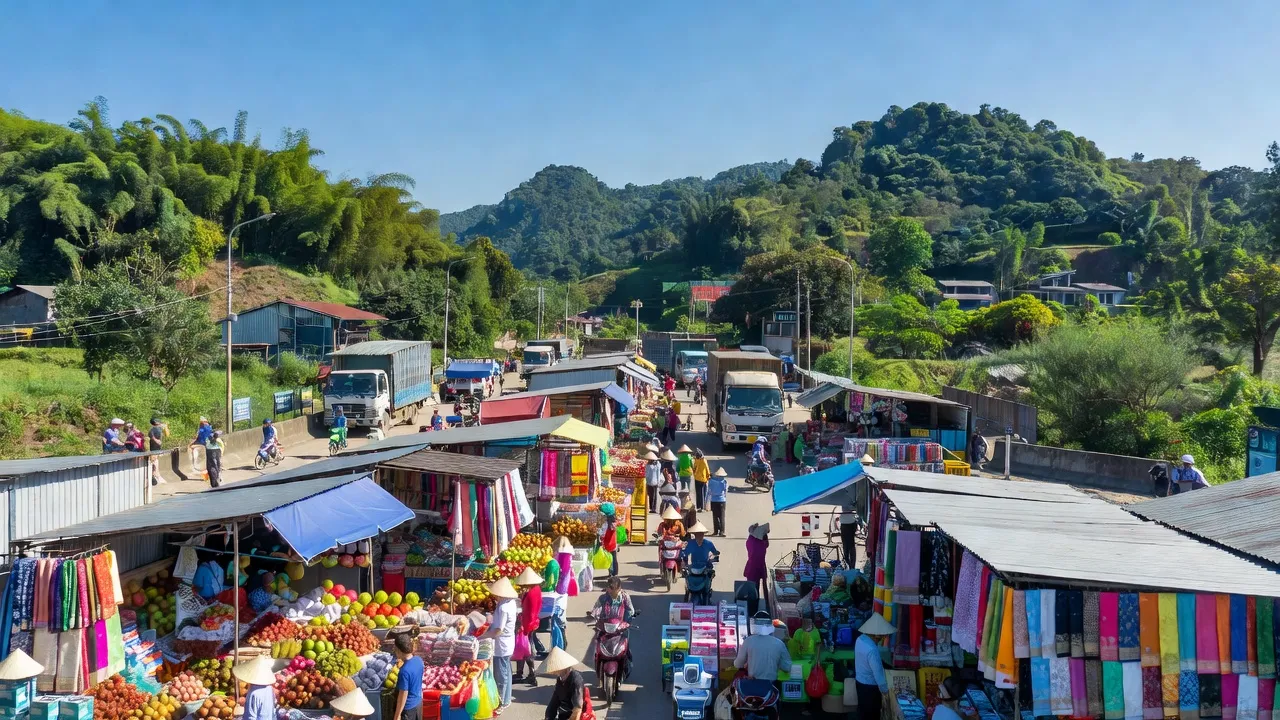 Thị trấn Đồng Đăng, huyện Cao Lộc, Lạng Sơn, với cửa khẩu và phong cảnh xanh tươi.