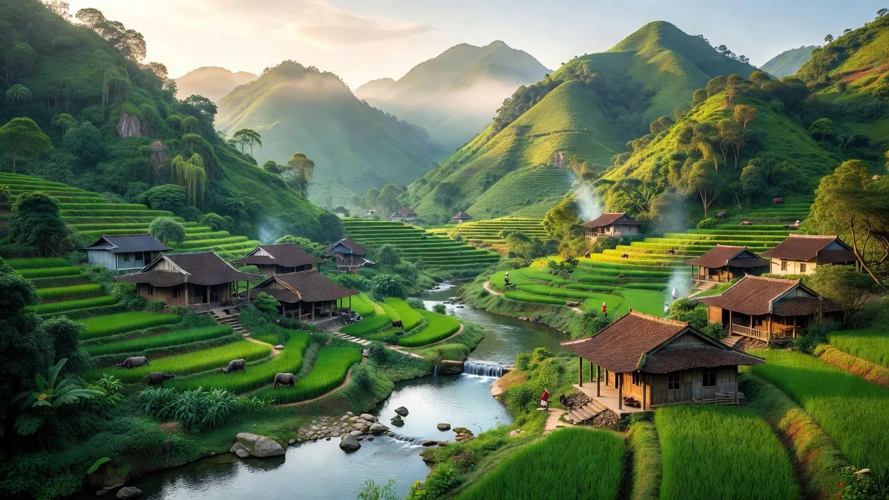 Cảnh sắc xã Gia Cát, huyện Cao Lộc, Lạng Sơn với núi non xanh mướt và sông Kỳ Cùng.