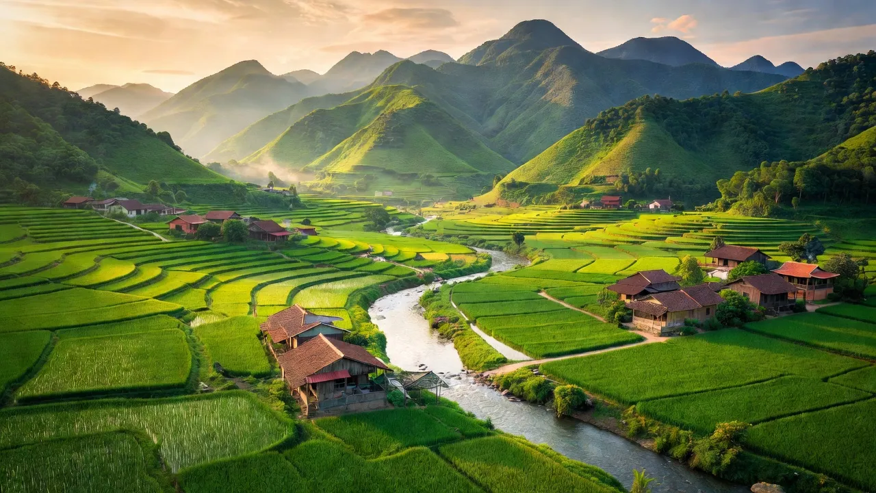 Khung cảnh xã Gia Cát, huyện Cao Lộc, tỉnh Lạng Sơn với núi non và sông Kỳ Cùng.