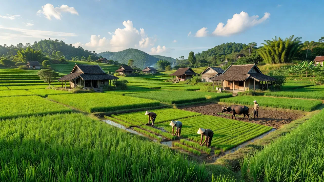 Cảnh quan yên bình xã Hải Yến, huyện Cao Lộc, Lạng Sơn với cánh đồng xanh và nhà truyền thống.
