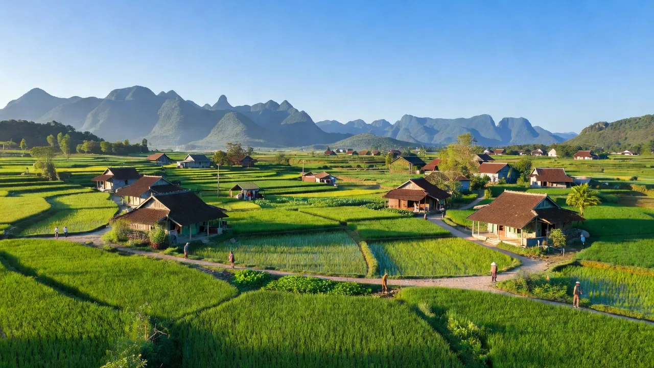 Khung cảnh yên bình của xã Hải Yến, huyện Cao Lộc, tỉnh Lạng Sơn, biểu thị nông nghiệp và thiên nhiên.