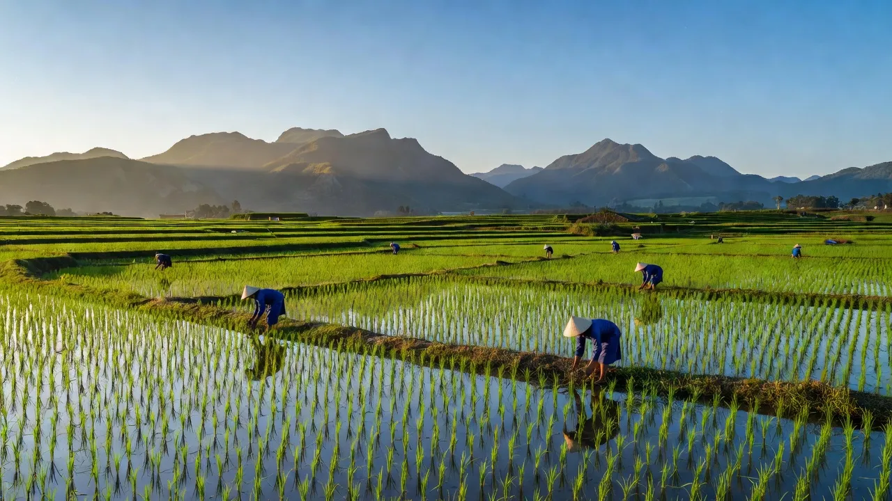 Khung cảnh thanh bình tại xã Hòa Cư, huyện Cao Lộc, Lạng Sơn với cánh đồng lúa xanh tốt.