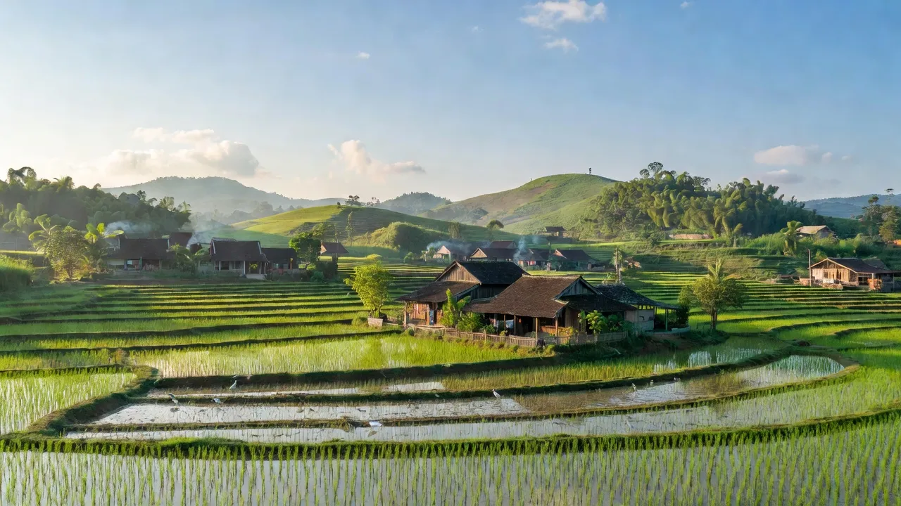 Cảnh đẹp xã Hợp Thành, huyện Cao Lộc, Lạng Sơn với cánh đồng xanh và nhà truyền thống.
