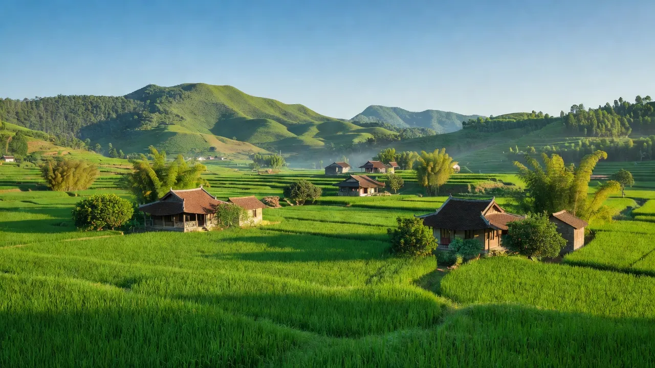 Cảnh đẹp xã Hợp Thành, huyện Cao Lộc với cánh đồng xanh và nhà truyền thống Lạng Sơn.