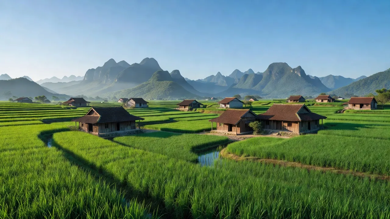 Cảnh quan xã Lộc Yên, huyện Cao Lộc, tỉnh Lạng Sơn với cánh đồng xanh và nhà truyền thống.