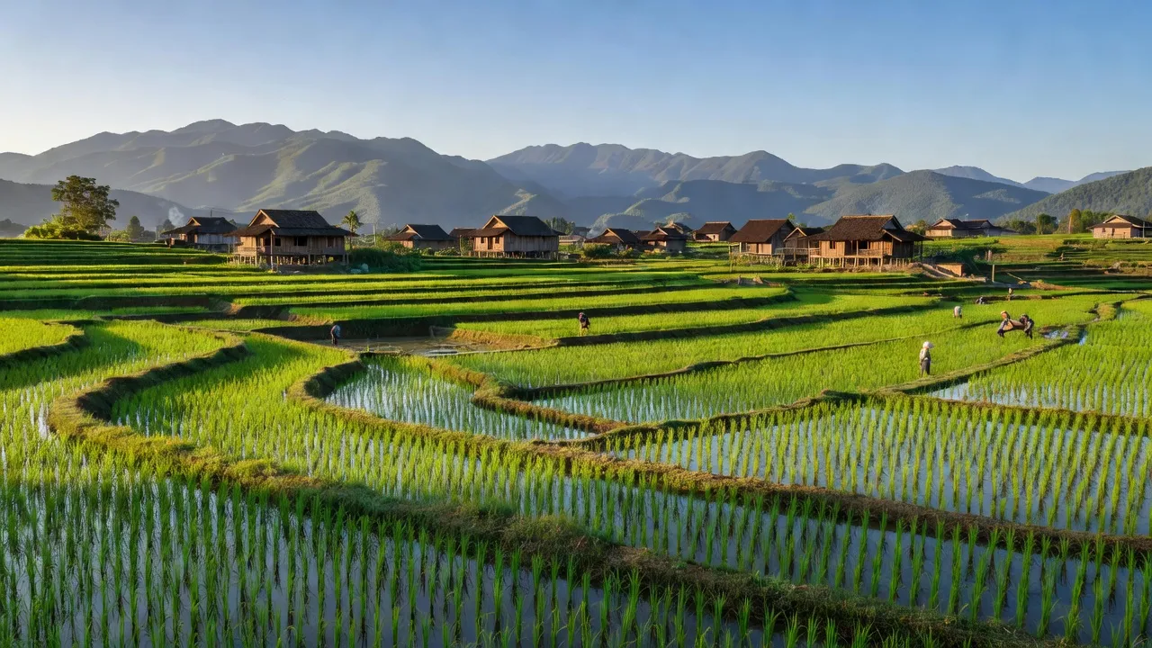 Khung cảnh xanh tươi của xã Lộc Yên, huyện Cao Lộc, tỉnh Lạng Sơn với ruộng lúa và núi.