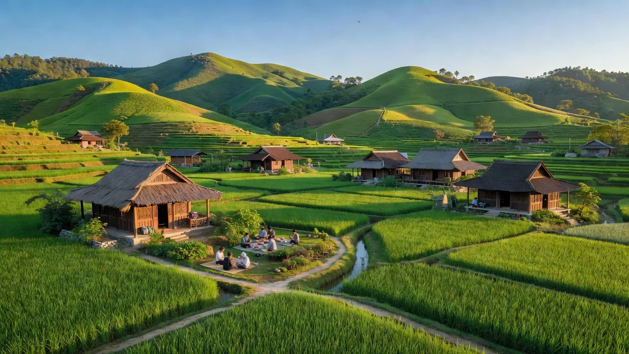 Khung cảnh xã Tân Liên, huyện Cao Lộc, tỉnh Lạng Sơn với đồng ruộng xanh và nhà cửa truyền thống.