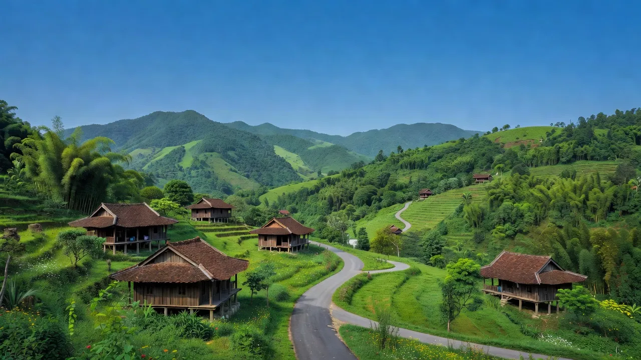 Khung cảnh xã Tân Thành, huyện Cao Lộc, tỉnh Lạng Sơn với núi xanh và nhà truyền thống.