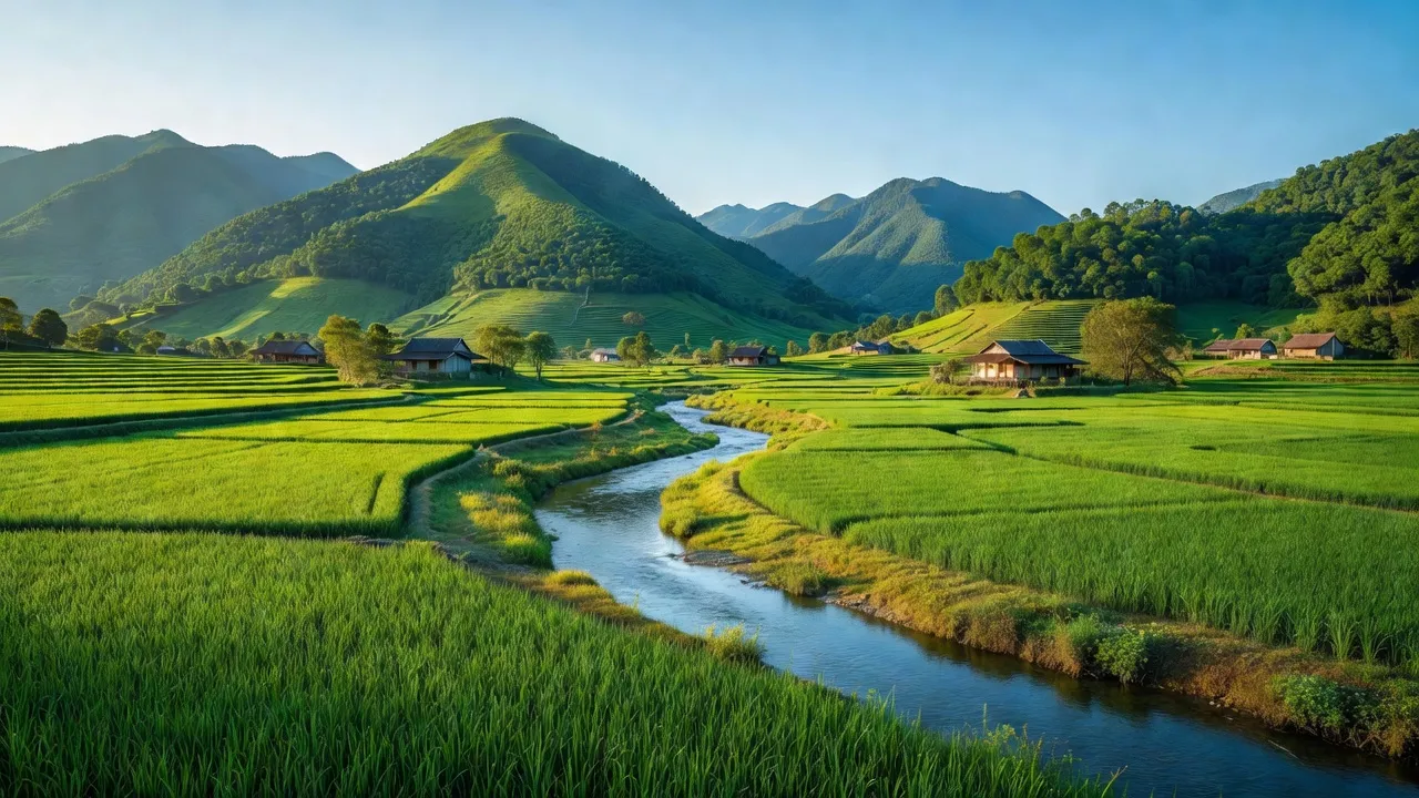 Phong cảnh xã Tân Thành, huyện Cao Lộc, tỉnh Lạng Sơn với núi non, cánh đồng xanh và nhà truyền thống.