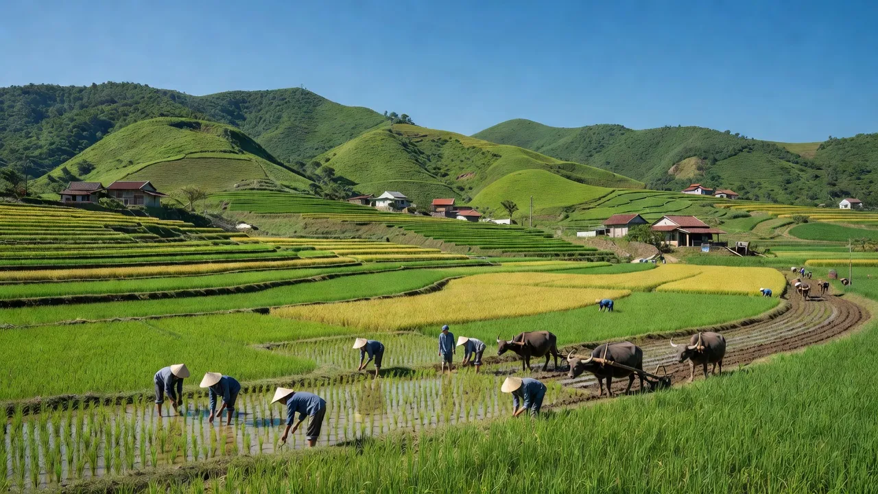 Khung cảnh đẹp Xã Thạch Đạn, huyện Cao Lộc, Lạng Sơn với đồi núi và ruộng nông nghiệp.