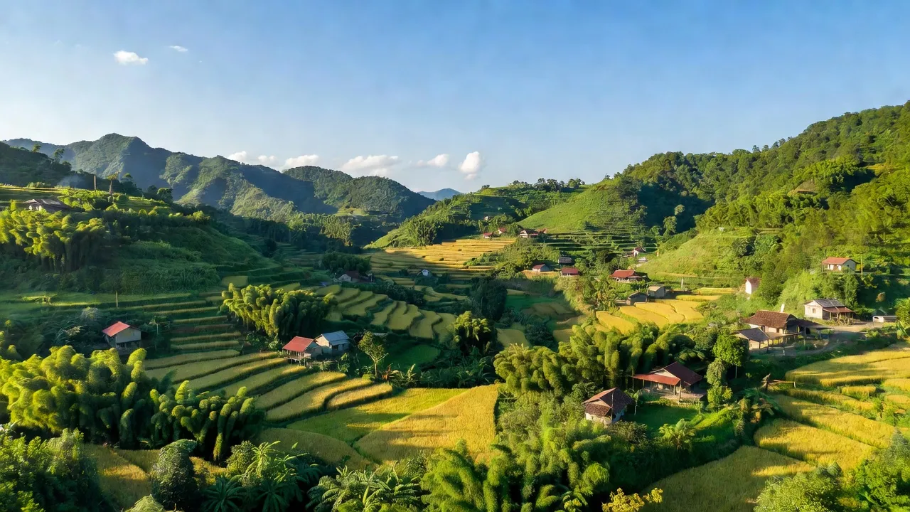 Khung cảnh đồng ruộng xanh tươi tại xã Thạch Đạn, huyện Cao Lộc, tỉnh Lạng Sơn, với núi non bao quanh.