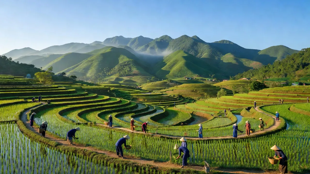 Cảnh thiên nhiên tại xã Thanh Lòa, Cao Lộc, Lạng Sơn với núi đồi và ruộng bậc thang.
