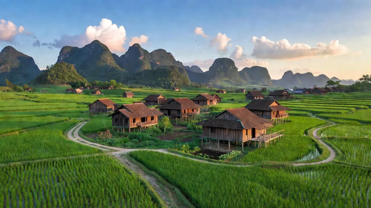 Cảnh đẹp nông thôn tại xã Thụy Hùng, huyện Cao Lộc, tỉnh Lạng Sơn với cánh đồng xanh.