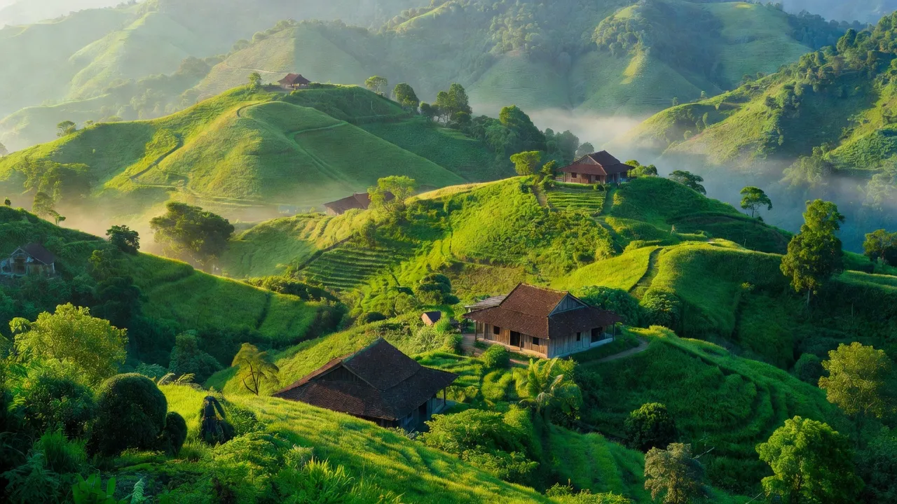 Cảnh thiên nhiên tại xã Xuất Lễ, huyện Cao Lộc, tỉnh Lạng Sơn với đồi núi và nhà truyền thống.