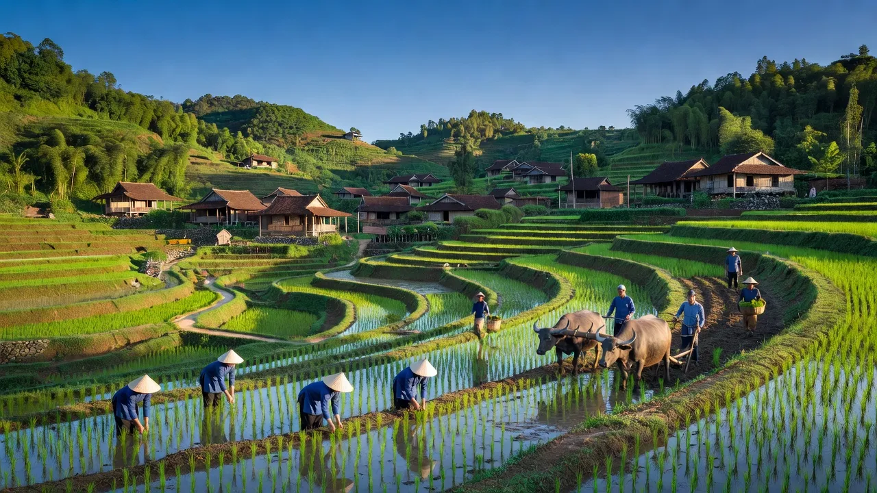 Khung cảnh xã Yên Trạch, huyện Cao Lộc, tỉnh Lạng Sơn với đồi núi xanh và ruộng bậc thang.
