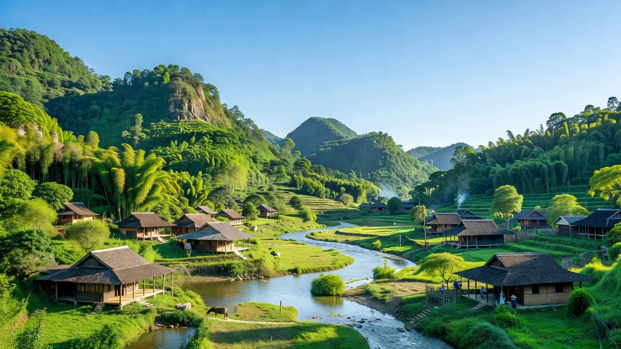 Khung cảnh bình yên xã Bắc Thủy, huyện Chi Lăng, Lạng Sơn với núi xanh, sông uốn khúc và nhà truyền thống.