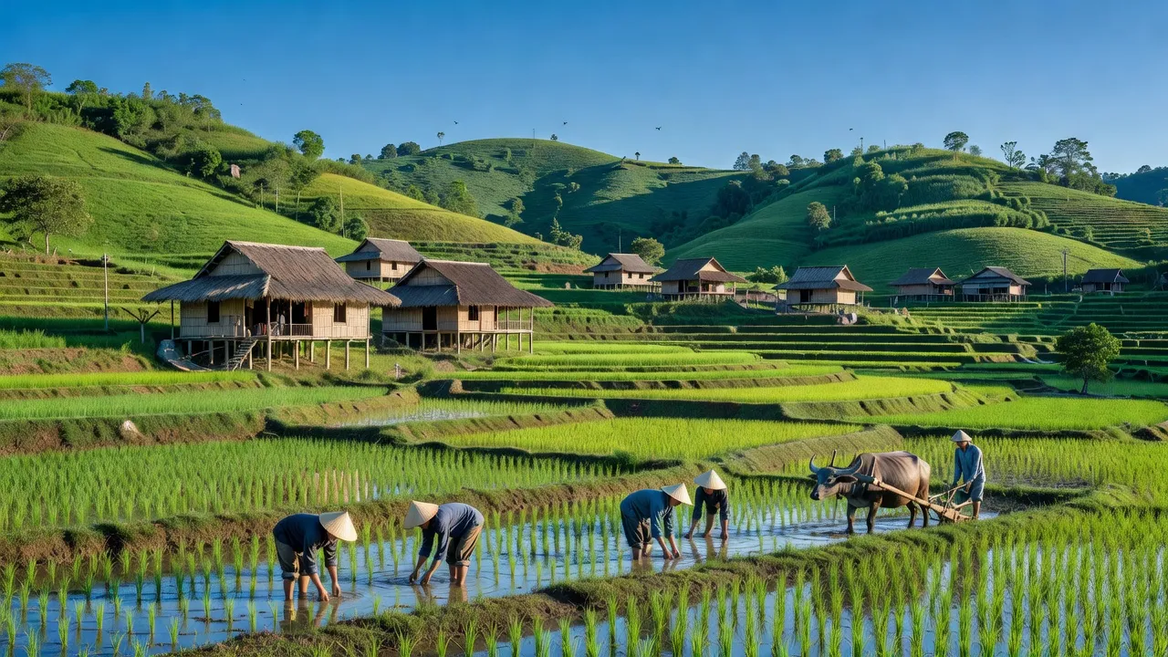 Cảnh quan xã Bằng Hữu, huyện Chi Lăng, tỉnh Lạng Sơn với đồi núi và cánh đồng xanh.