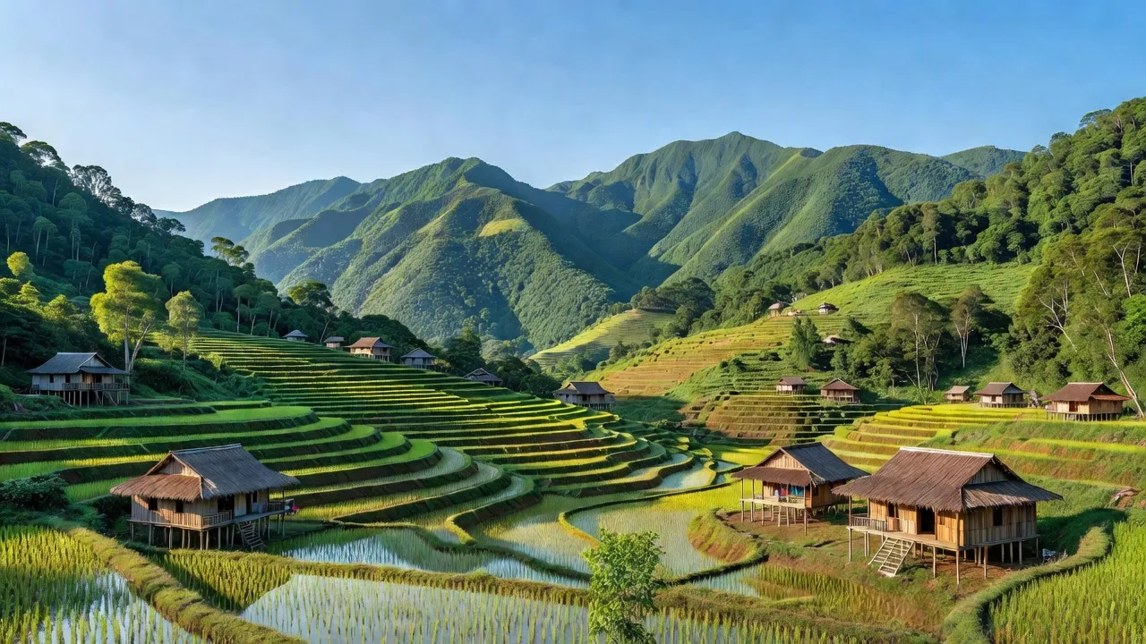 Phong cảnh Xã Bằng Mạc, Chi Lăng, Lạng Sơn với núi, ruộng bậc thang và nhà sàn truyền thống.