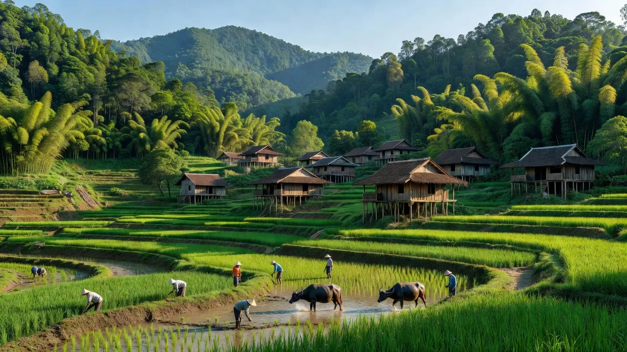 Khung cảnh xã Chiến Thắng, huyện Chi Lăng, tỉnh Lạng Sơn với đồi núi xanh tươi và nhà truyền thống.