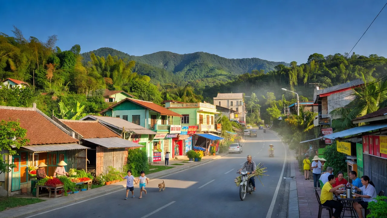 Thị trấn Đồng Mỏ, huyện Chi Lăng, Lạng Sơn với kiến trúc địa phương và núi xanh quanh năm.