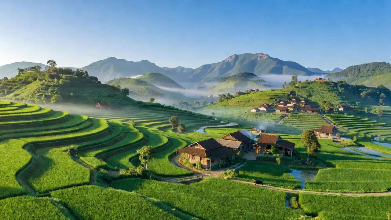 Khung cảnh thanh bình của xã Gia Lộc, huyện Chi Lăng, tỉnh Lạng Sơn với đồi núi xanh tươi.