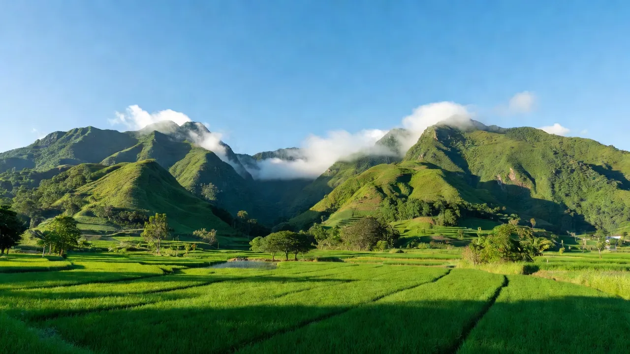 Khung cảnh đồi núi xã Hòa Bình, huyện Chi Lăng, tỉnh Lạng Sơn, cây cỏ xanh tươi, mây bay.