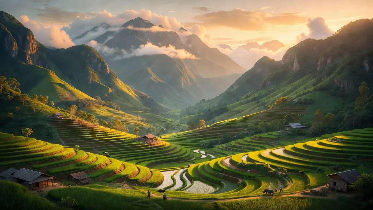 Khung cảnh núi non xã Hữu Kiên, huyện Chi Lăng, tỉnh Lạng Sơn, ruộng bậc thang xanh và ánh hoàng hôn.