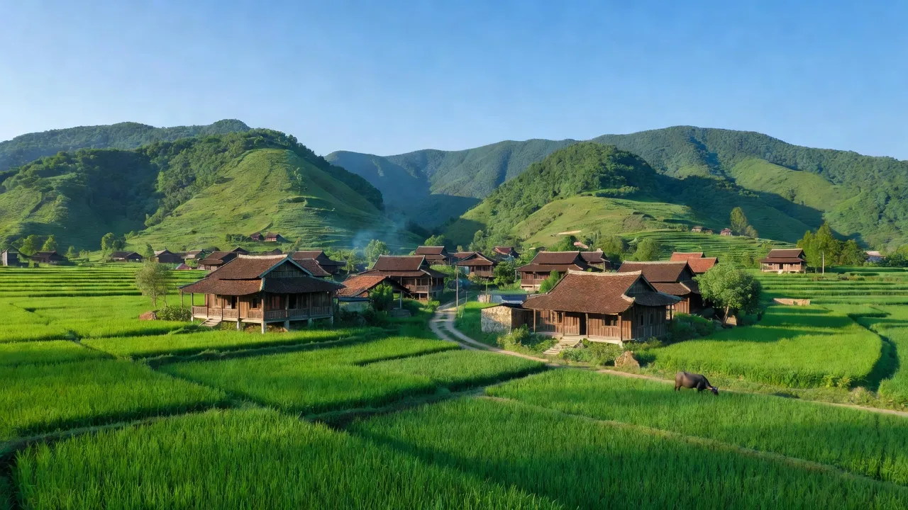 Khung cảnh xã Hữu Kiên, huyện Chi Lăng, tỉnh Lạng Sơn với núi xanh và nhà truyền thống.