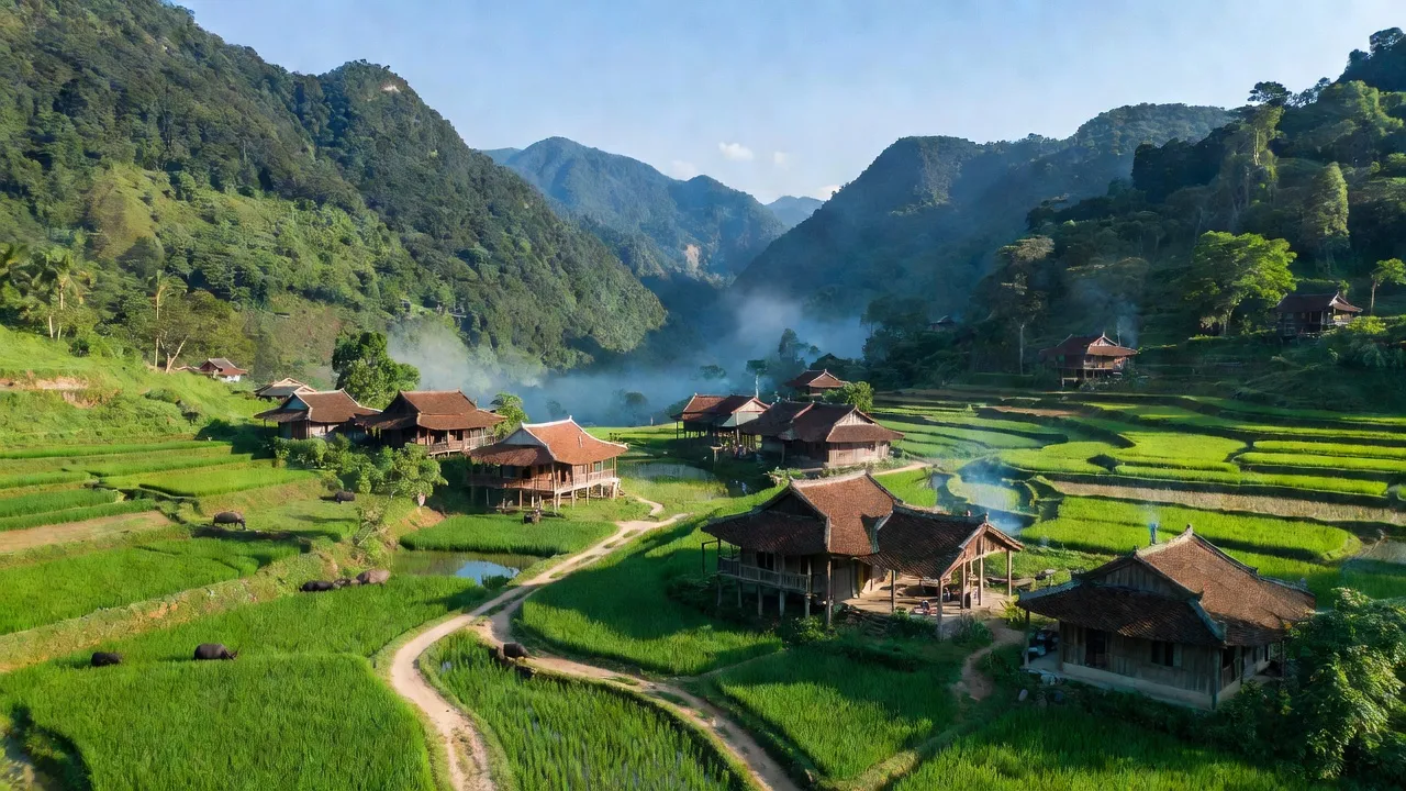 Khung cảnh làng Lâm Sơn, huyện Chi Lăng, tỉnh Lạng Sơn với núi non và nhà truyền thống.