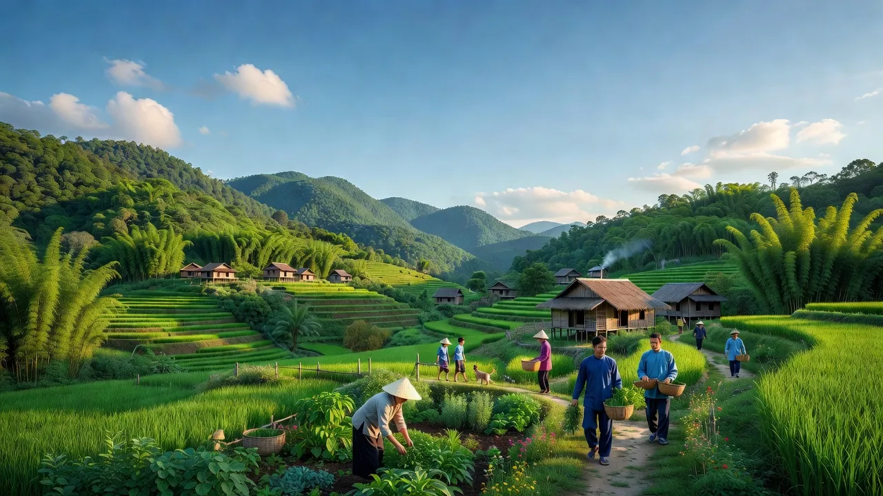 Cảnh đẹp xã Liên Sơn, huyện Chi Lăng, tỉnh Lạng Sơn với những ngọn núi xanh và nhà truyền thống.
