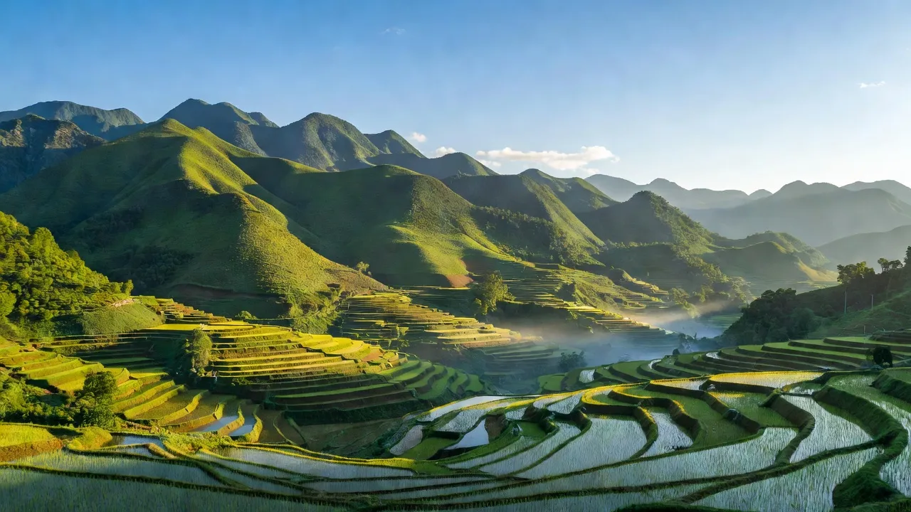 Khung cảnh thiên nhiên ở Nhân Lý, Chi Lăng, Lạng Sơn với núi non và ruộng bậc thang.