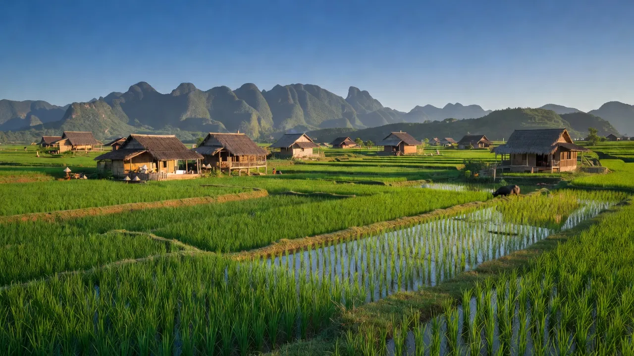 Cảnh quan nông thôn xã Thượng Cường, huyện Chi Lăng, tỉnh Lạng Sơn với cánh đồng xanh và núi xa.