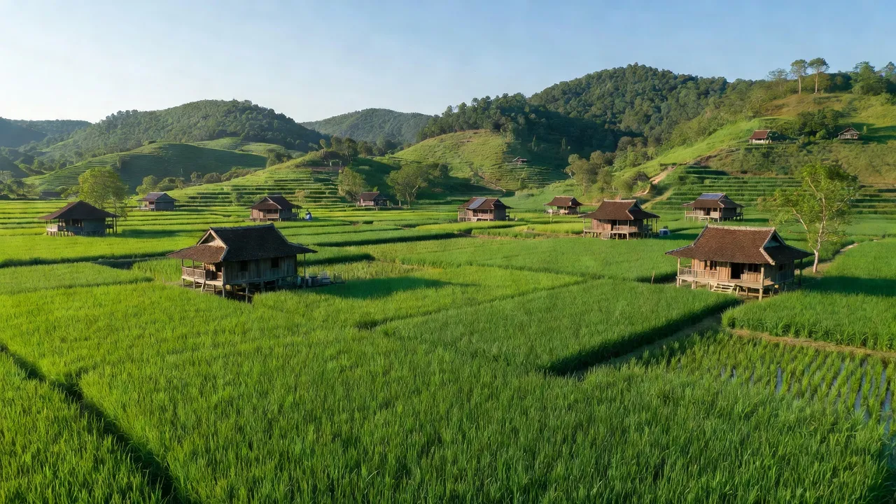 Khung cảnh nông thôn Thượng Cường, Chi Lăng, Lạng Sơn với cánh đồng và nhà dân, mùa hè.
