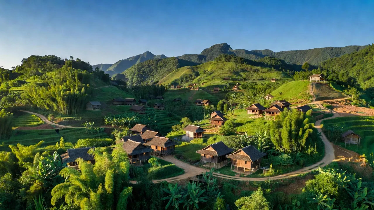 Phong cảnh xã Vân An, huyện Chi Lăng, tỉnh Lạng Sơn, với núi xanh và nhà truyền thống.