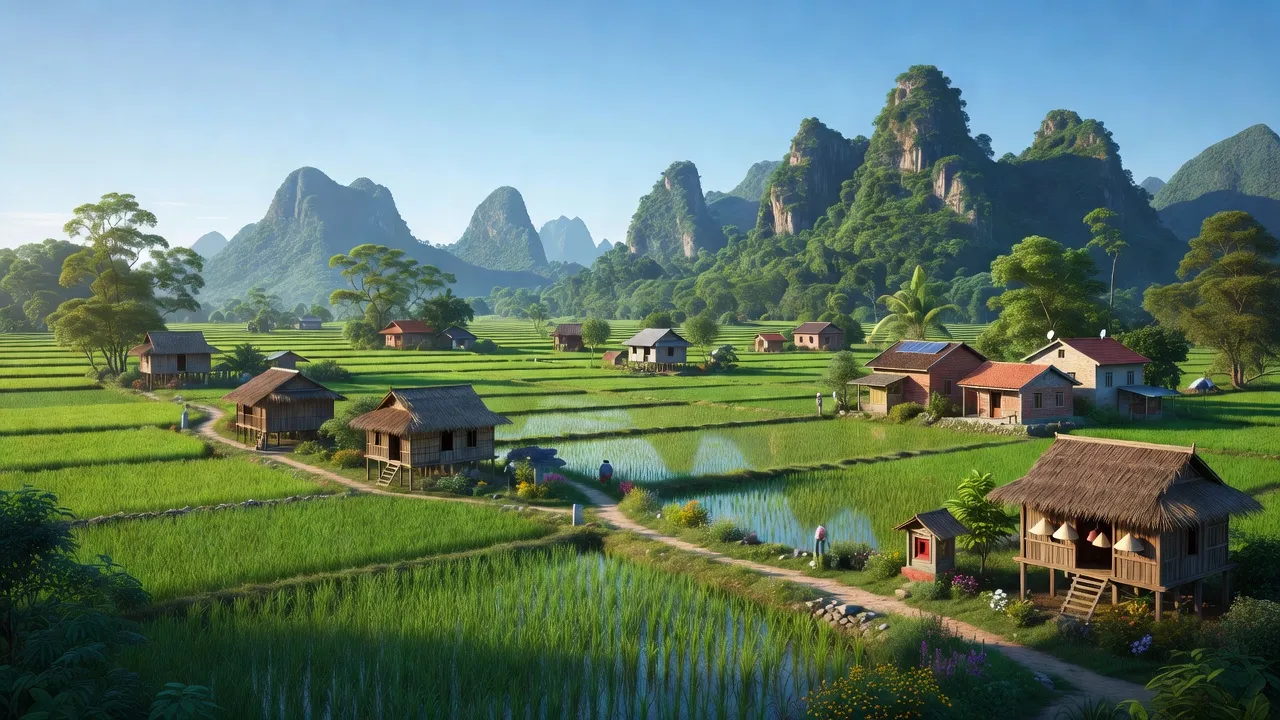 Khung cảnh xã Vạn Linh, huyện Chi Lăng, tỉnh Lạng Sơn với núi non, cánh đồng xanh tươi.