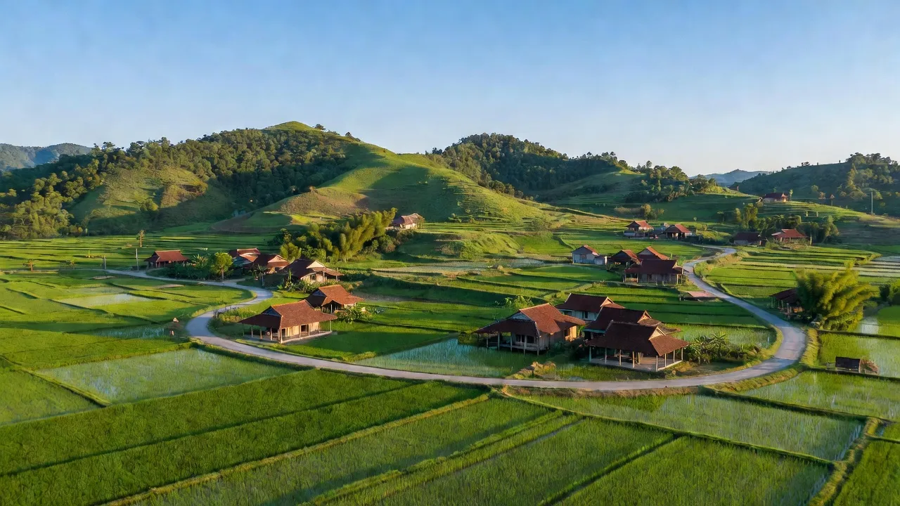 Khung cảnh bình yên xã Vân Thủy, huyện Chi Lăng, tỉnh Lạng Sơn với cánh đồng xanh, nhà truyền thống.