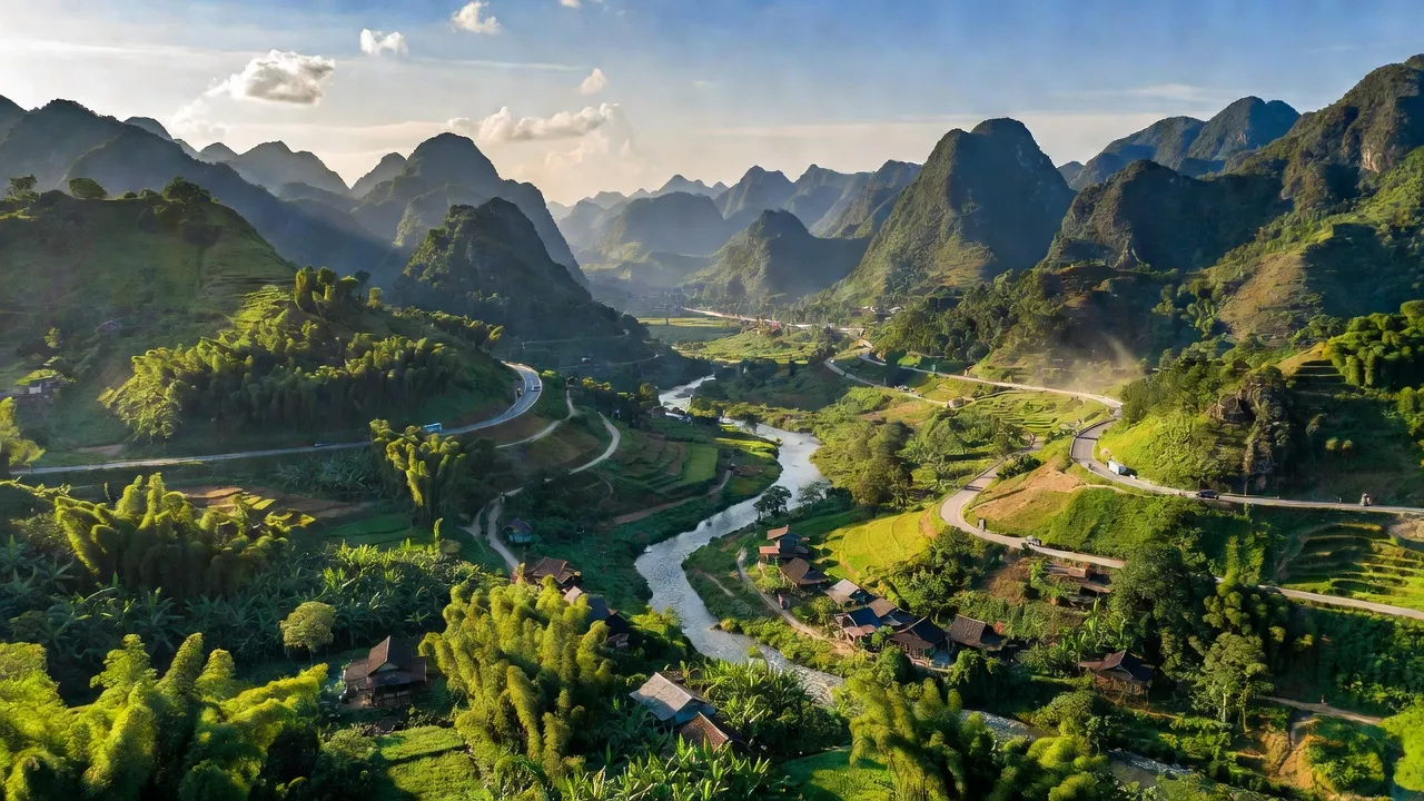 Quang cảnh huyện Đình Lập, Lạng Sơn với đồi núi, sông suối và giao thông quan trọng.