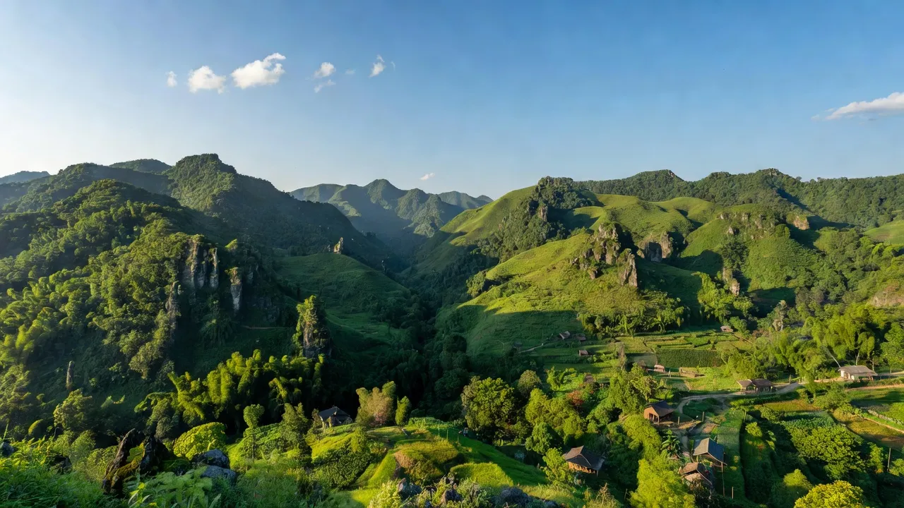 Khung cảnh thiên nhiên tại xã Bắc Xa, huyện Đình Lập, tỉnh Lạng Sơn với đồi núi và rừng xanh.
